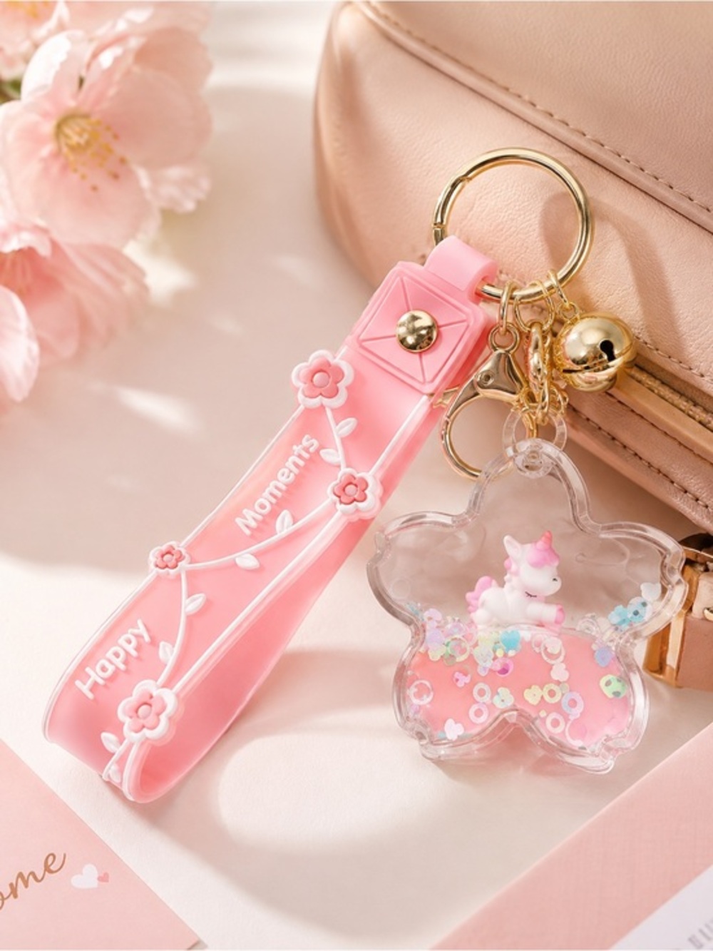 Cute Pink Unicorn Liquid Quicksand Keychain Wristlet Bag Charm